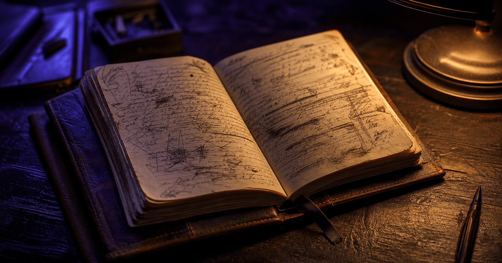 An open notebook with handwritten margin notes on a dark desk under a warm lamp