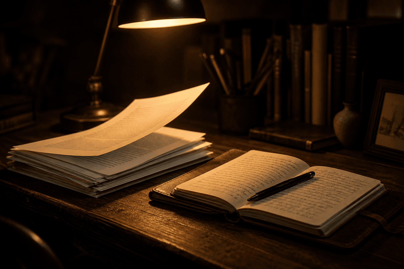 Open leather notebook, printed pages and a felt-tip pen on a dark wooden desk in warm amber light