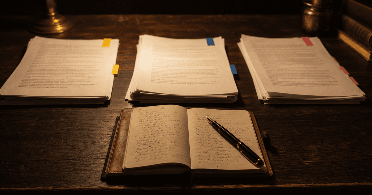 Three stacks of manuscript pages and an open leather notebook with fountain pen on a dark wood desk in warm amber light