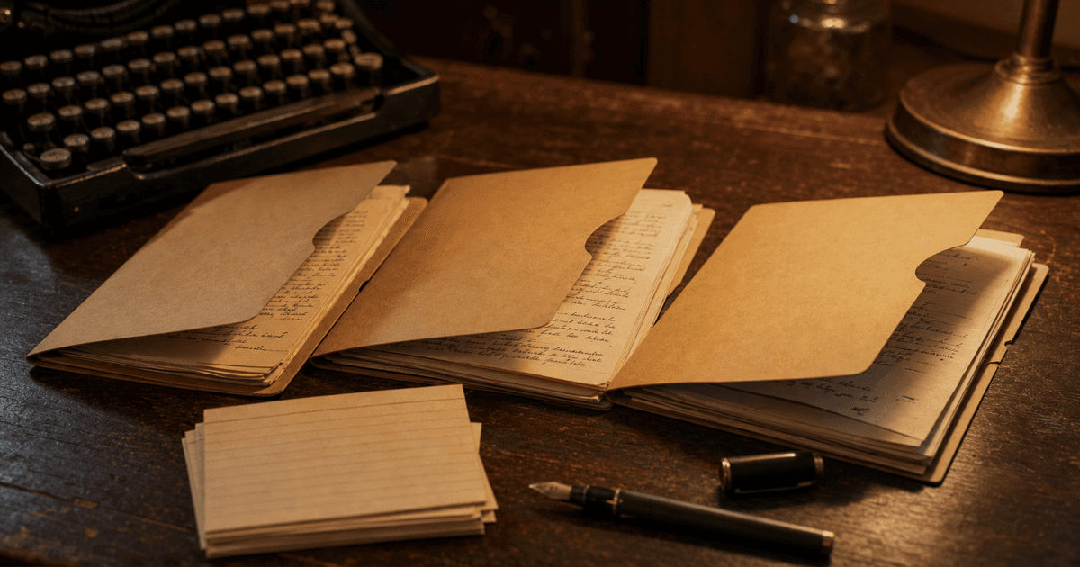 Three paper folders with different manuscripts on a dim writing desk