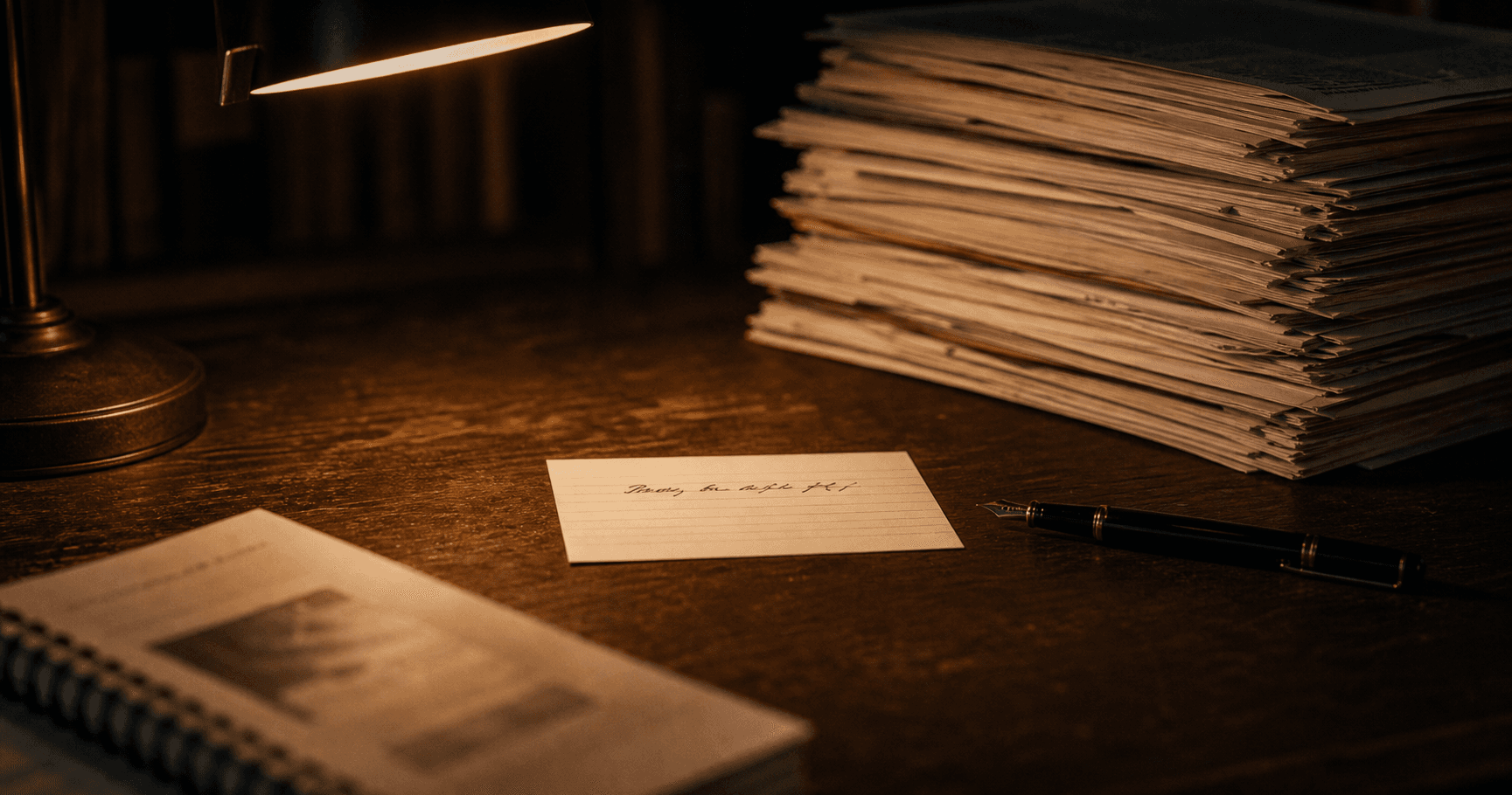 A single handwritten index card in sharp focus beside a fading stack of printed pages in warm lamplight