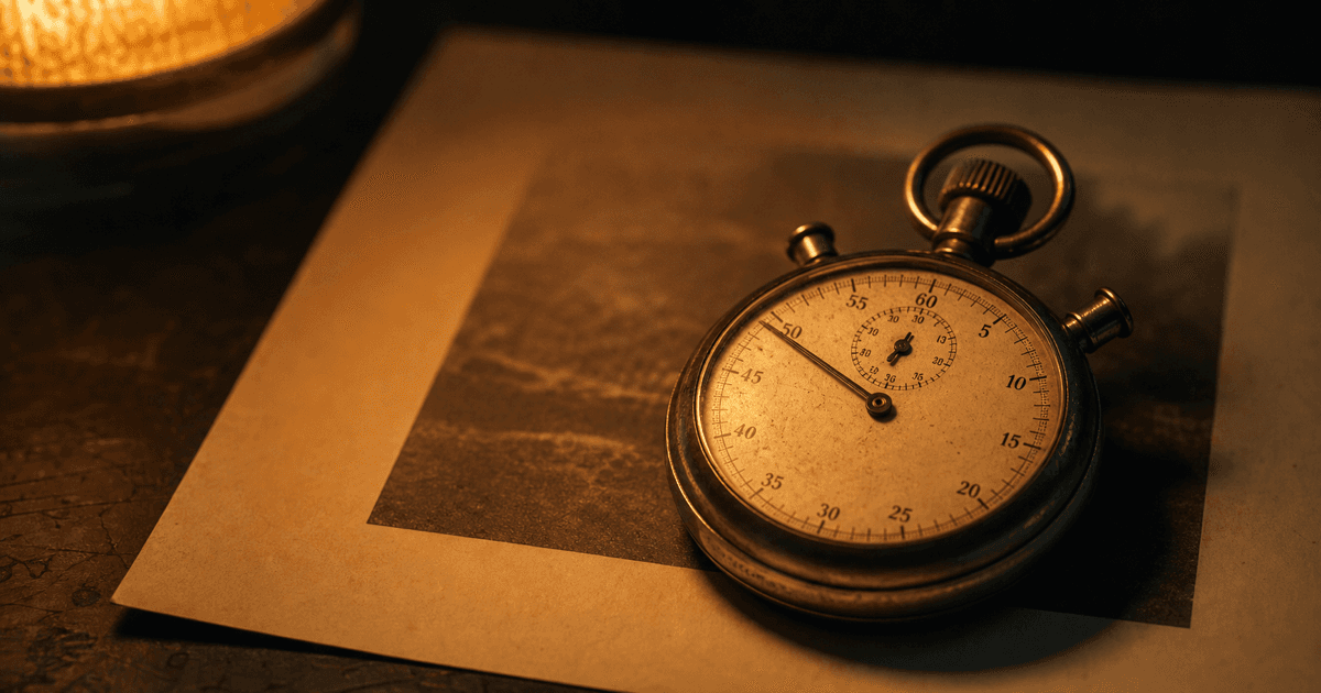 A stopped analog stopwatch resting on a finished manuscript page, lit in warm amber light against deep charcoal shadow.