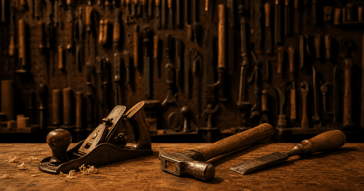 A dim wall of many tools with only three on a lit workbench.