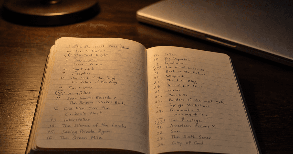 Open handwritten movie notebook with numbered titles beside a closed laptop on a dark desk