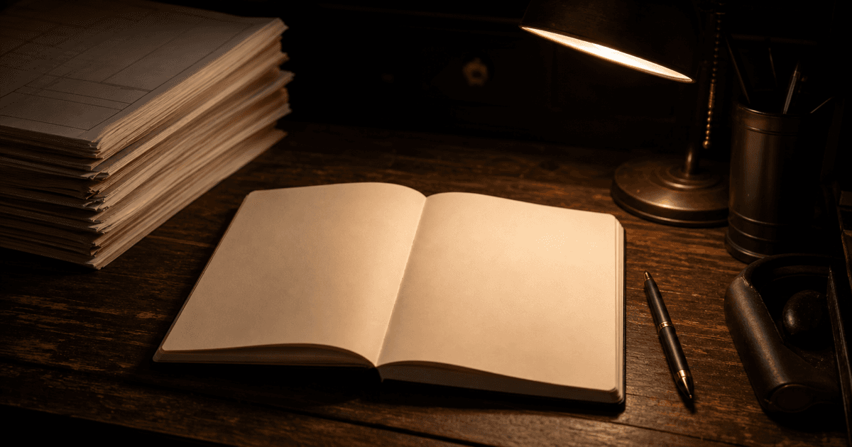 Stack of blank pre-printed forms pushed aside beside one open lamp-lit notebook