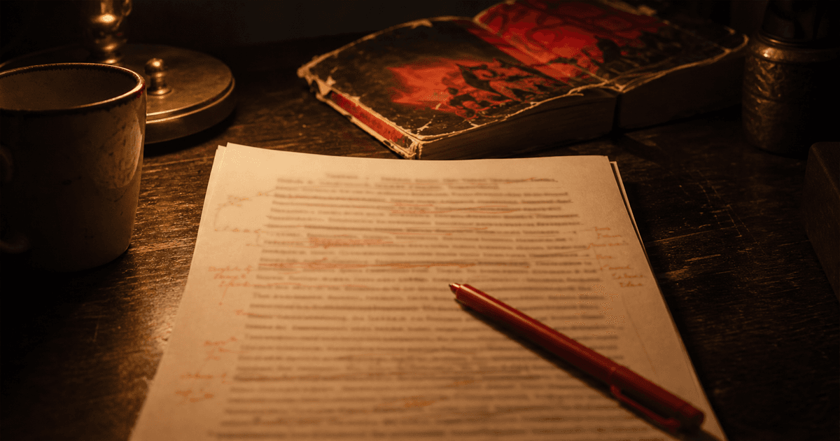 Red-pen struck manuscript page beside a lurid pulp paperback on a lamplit desk