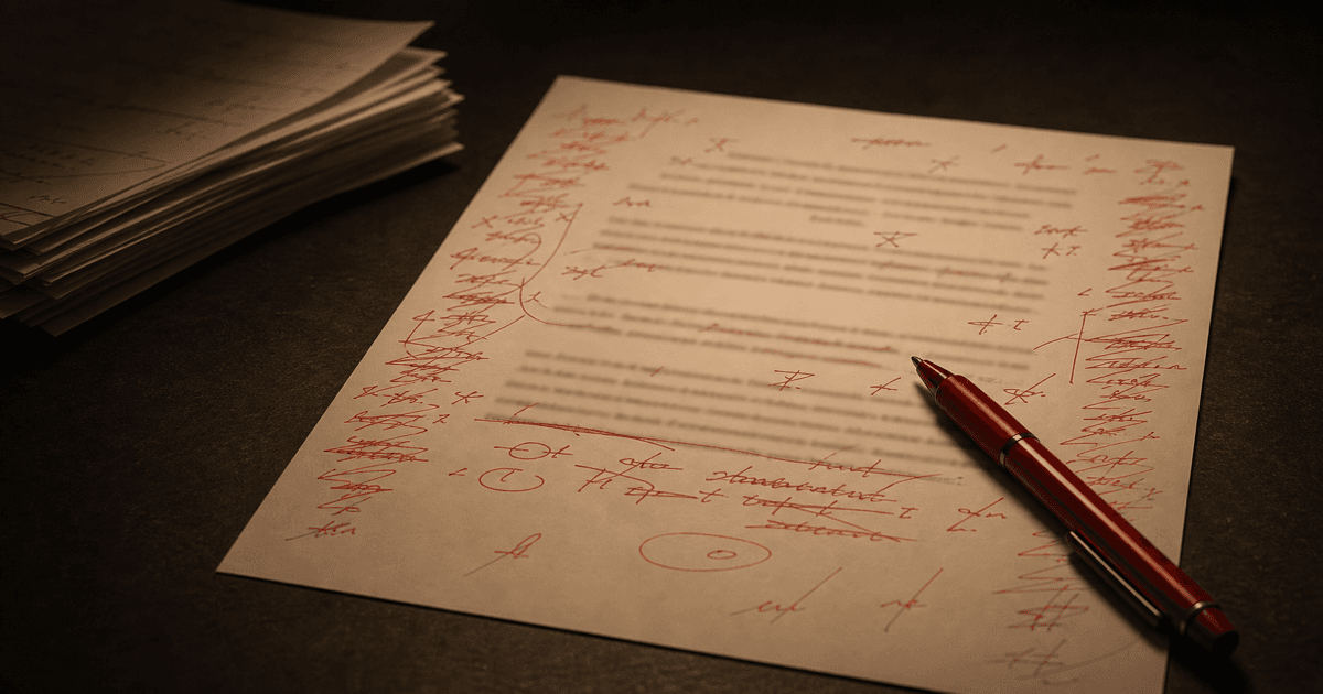 Manuscript page crowded with red editing marks, only a few sparse lines remaining