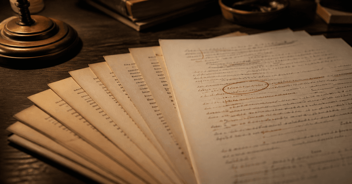 Circled red-ink correction on a manuscript page above a stack of uncorrected older drafts