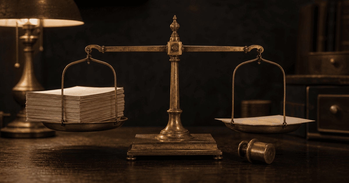Brass balance scale resting level despite one pan holding far more paper