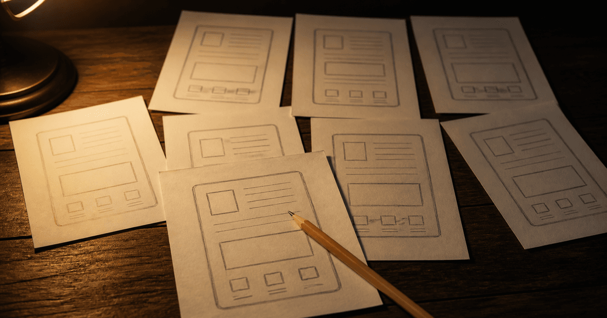 Eight paper wireframe sketches of one screen spread across a lamp-lit desk