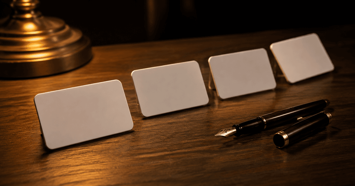 Four blank white name badges in a row on a lamp-lit dark desk
