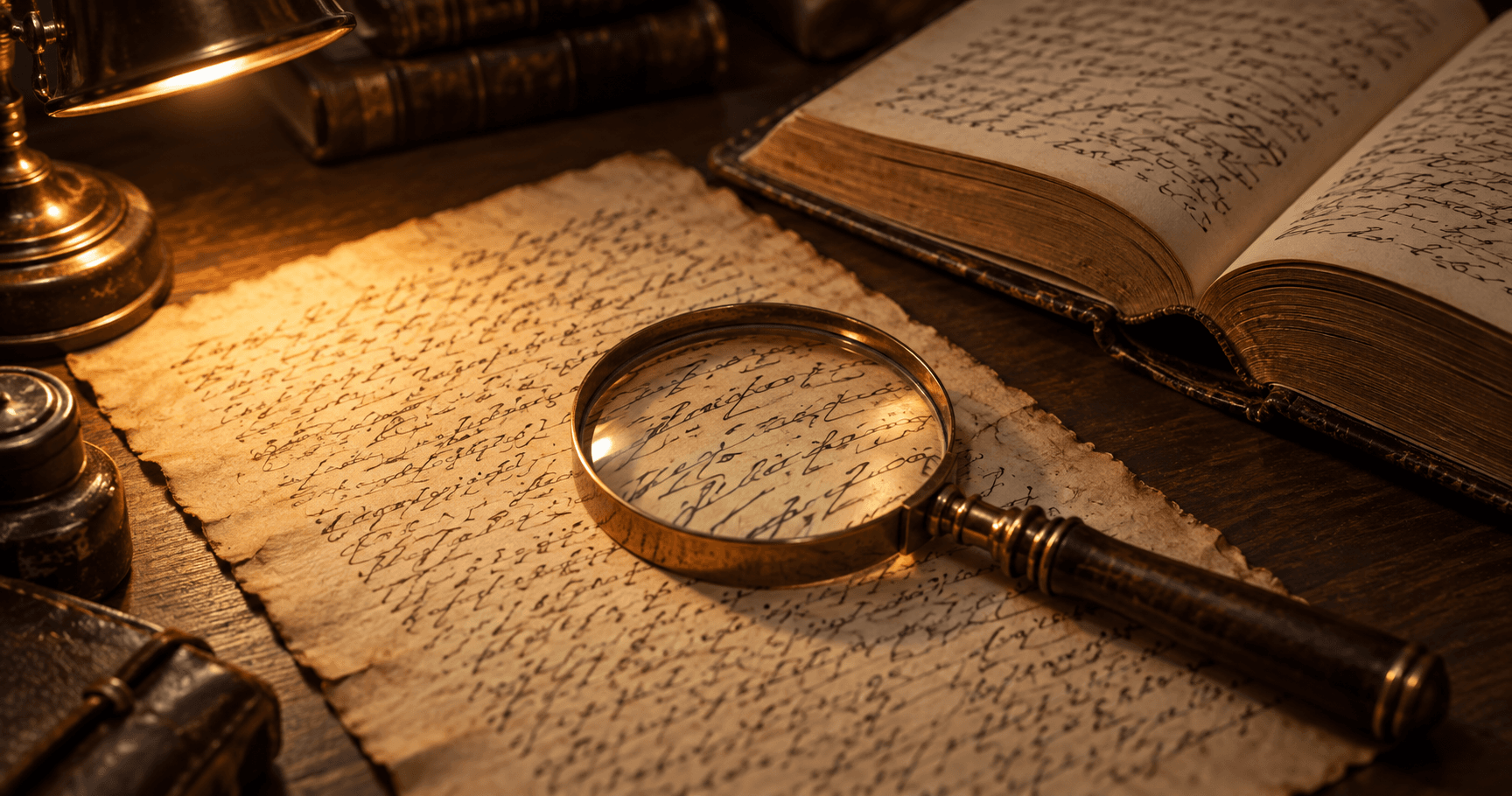 Brass magnifying glass over one line of an aged handwritten parchment on a lamp-lit desk