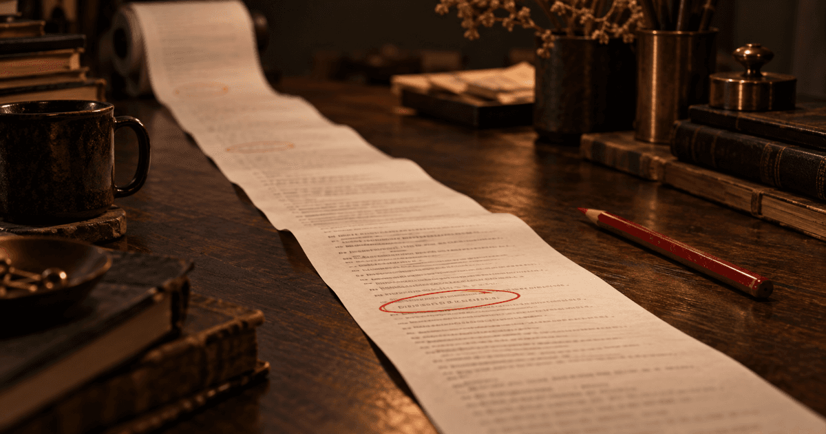 Long transcript printout on a dark desk with few lines circled in red pencil