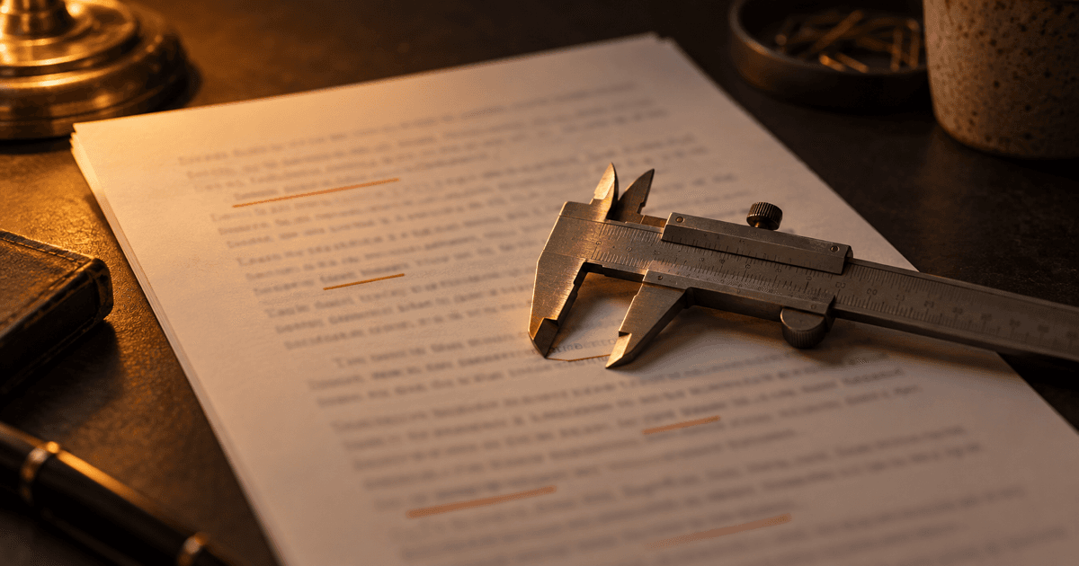 Steel calipers measuring one line on a manuscript page with underlined sentences