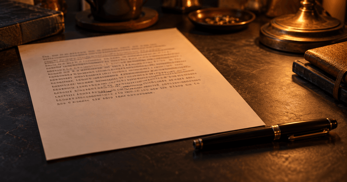 A half-filled typed page on a dark desk, a pen resting just past its edge