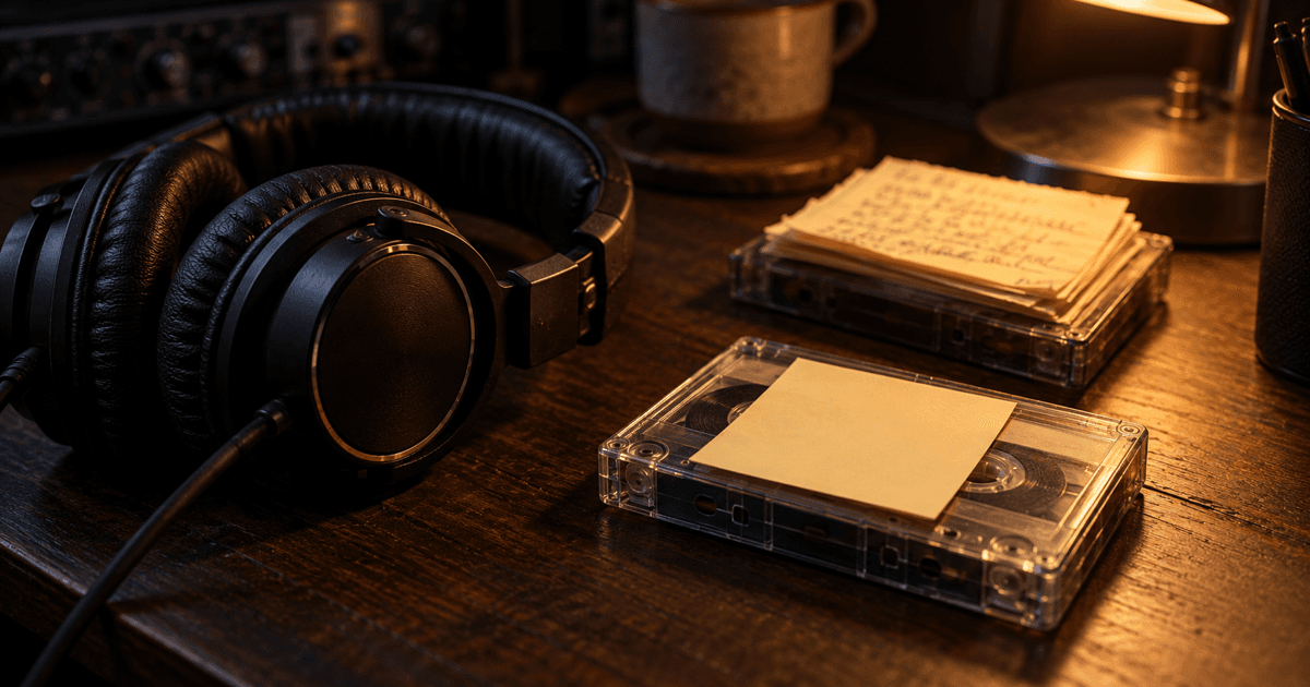 Headphones beside an old tape box buried in notes and a new one with a single blank note