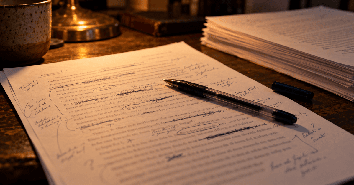 Printed manuscript page covered in handwritten pen edits under warm lamplight