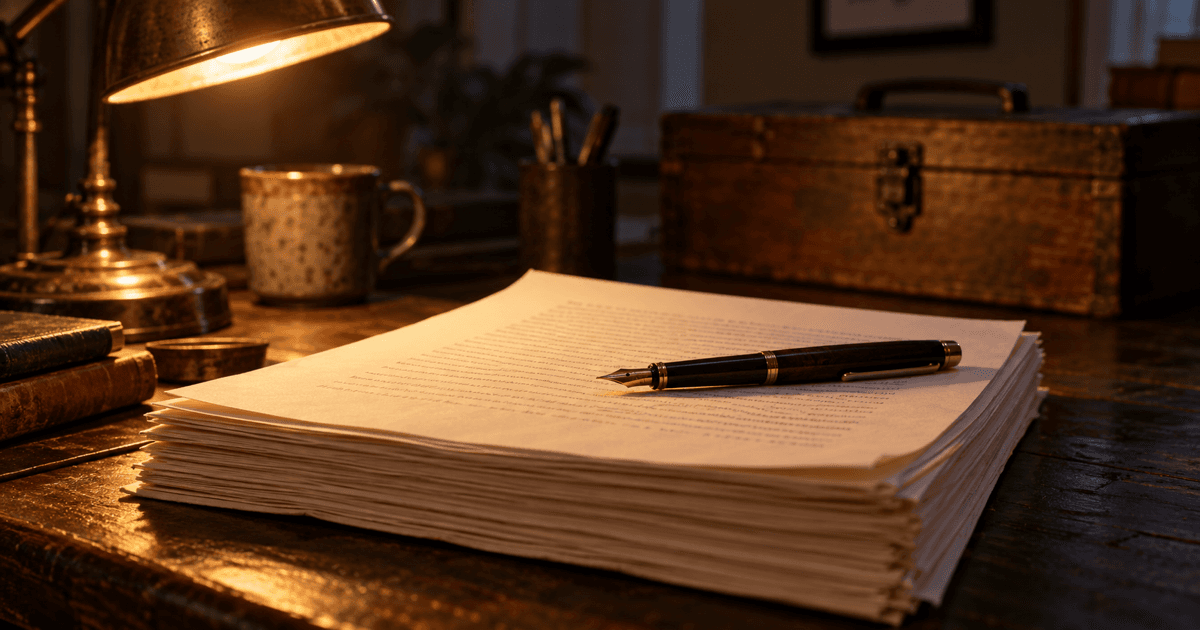 Lamp-lit novel manuscript on a desk with a closed toolbox set aside