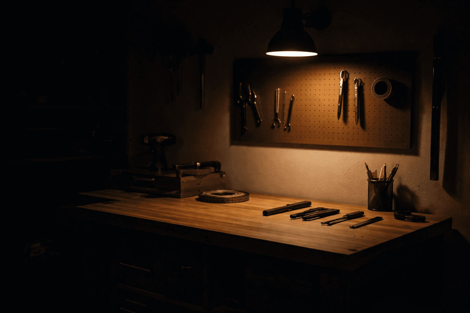 A warmly lit workshop desk with hand tools hanging on the wall and a single desk lamp illuminating the workspace