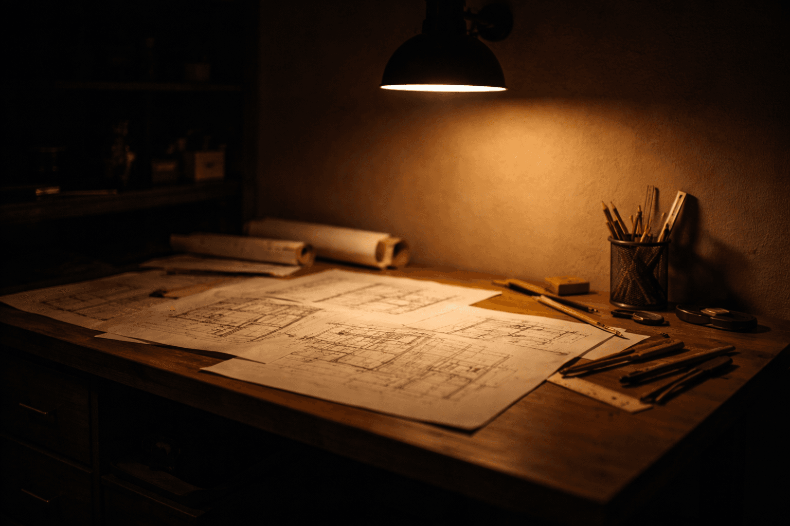 A warmly lit drafting table with architectural blueprints and drawing tools spread across the surface under a single hanging lamp