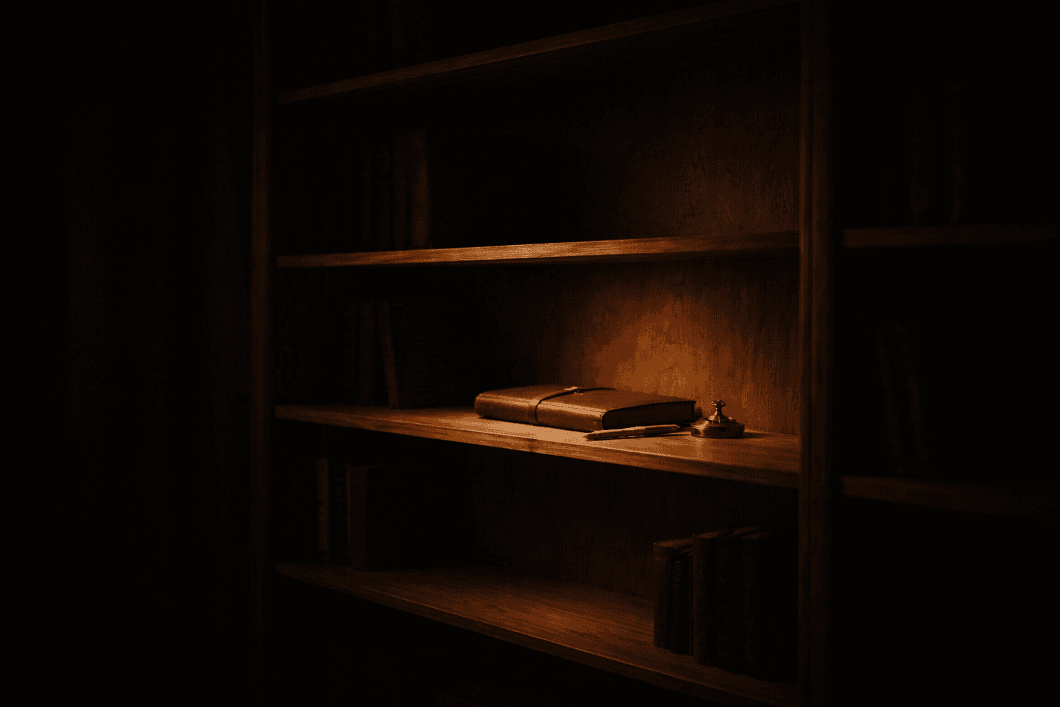 A warmly lit wooden bookshelf with a leather journal and small brass instrument on one shelf, surrounded by books fading into deep shadow.