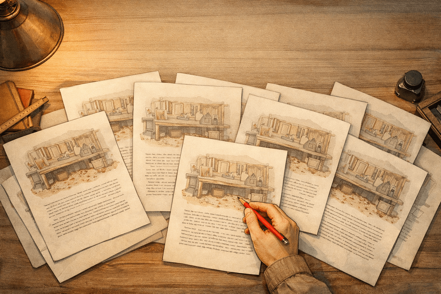 riptych of three nearly identical woodworking workshop scenes showing repetitive sawdust and tools.