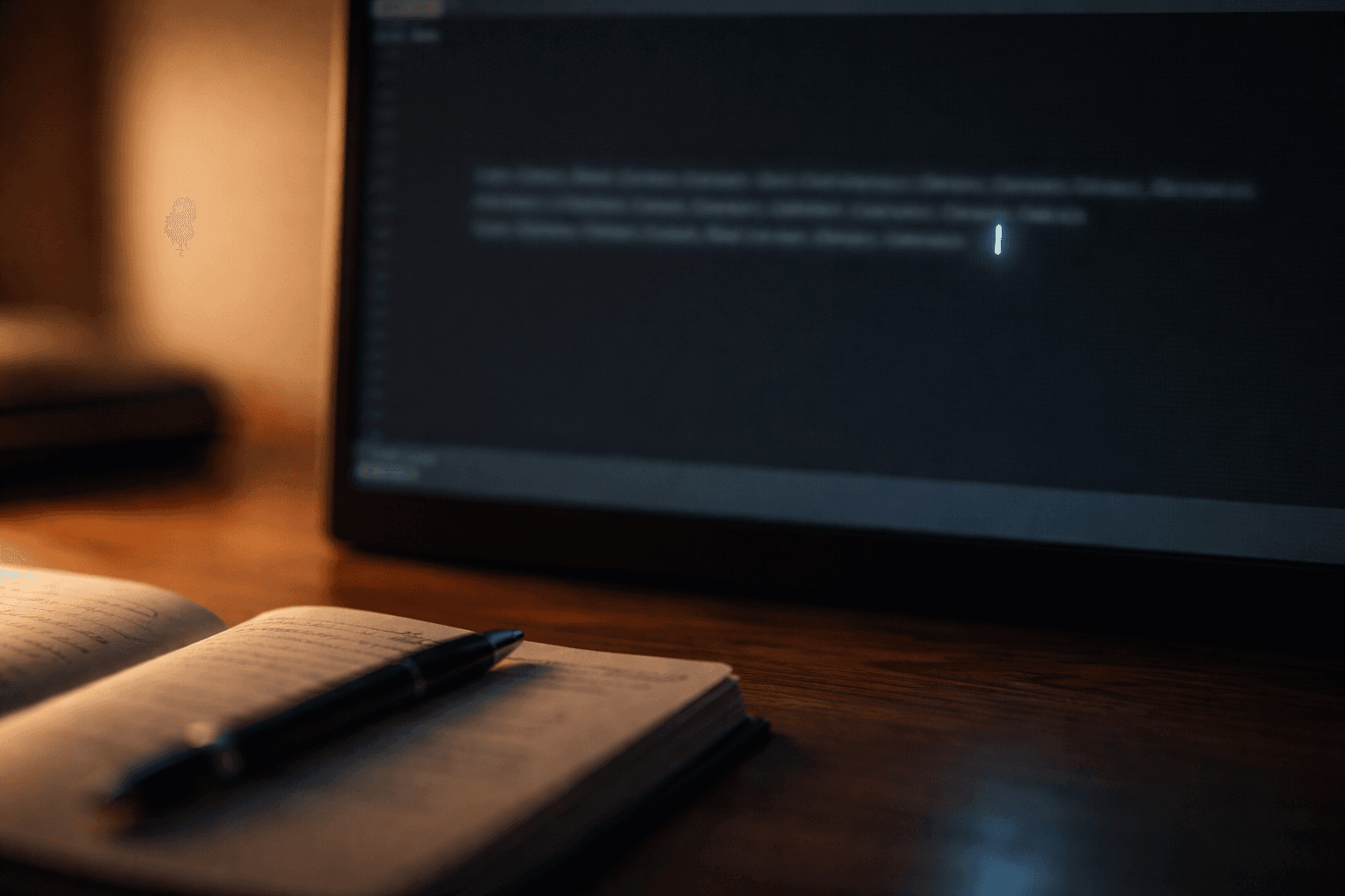 Terminal screen showing plain English text next to a handwritten notebook.