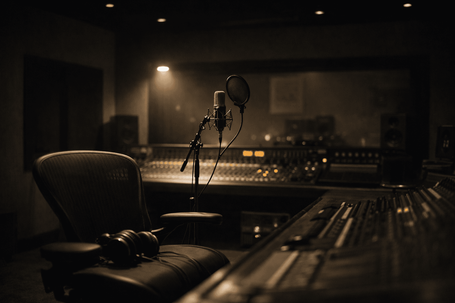 Empty recording studio with a microphone and unmanned mixing board.